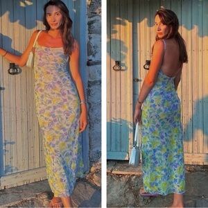 Zara Printed Tulle Maxi Dress Size Small Bow Mix Colors Low Back Mesh 5039/265